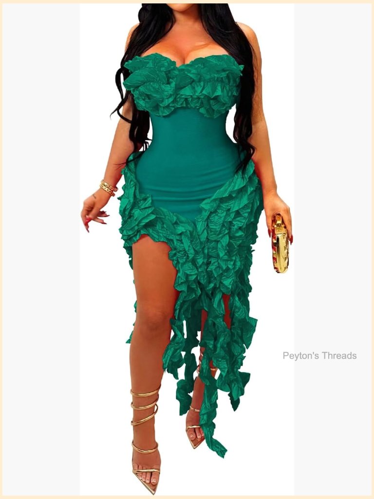 Sexy Strapless Ruffle Bodycon Dress Fringe Party Cocktail Midi